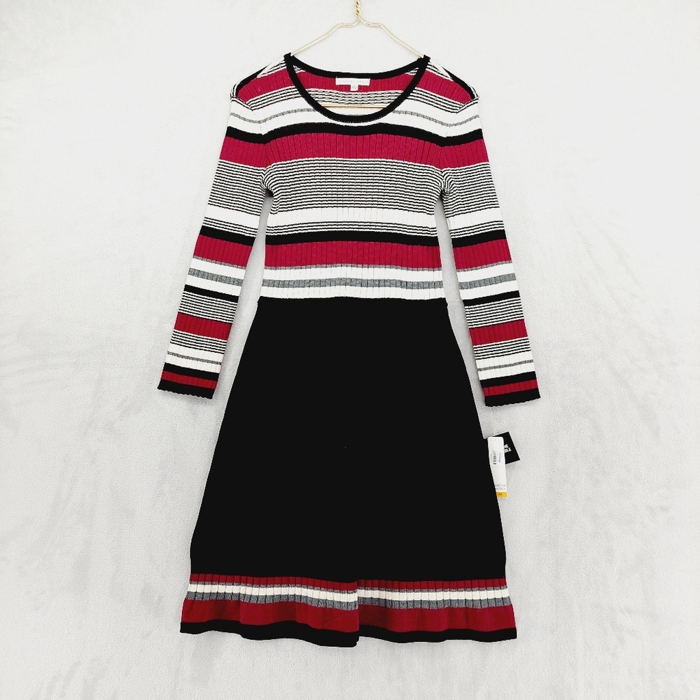New Sandra Darren Womens Black Striped Knit Fit & Flare Sweater Dress P5121